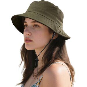 Womens Green 100% Polyester Wide Brim With Adjustable Chin Strap Bucket Sun Hat